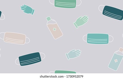 Medical antibacterial disposable masks, latex gloves and antibacterial hand gel. Seamless vector pattern. Isolated funny and cute multi-colored masks, gloves and bottles on a neutral background.