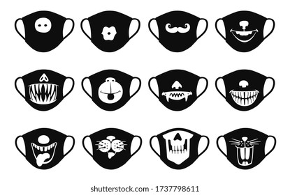 Medical Antiviral Protective Masks Icons Set With Funny Images Of Mouths And Animal Faces, Cartoon Black And White Vector Illustration Isolated On White Background.