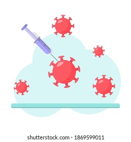 Medical antiviral vaccines injecting to group of red virus on white isolated background. Coronavirus and influenza virus. Medical and health concept. Vector illustration