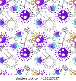 Medical Antivirus seamless pattern with Coronavirus bacteria icons and medical gloves. Protection against coronavirus. Hand drawn sketch style. Danger. Vector illustration on white background