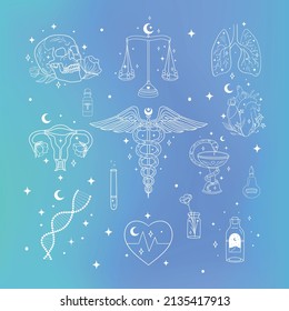 Equipo médico, vector apotecario. Resumen, ilustraciones místicas de Medicina, íconos. Diseños de logotipo de salud. Signos y símbolos farmacéuticos. Opción blanca.