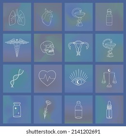 Medical, Apothecary vector set. Abstract, mystical Medicine illustrations, icons. Health logo designs. Pharmaceutical Signs and symbols. White option.