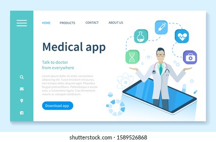 Medical app for clients, doctors help for patients. Consultation and healthcare in internet. Online communication with practitioner. Website or webpage template, landing page, vector in flat style