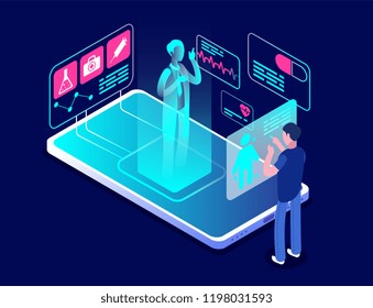 Medical app. Diagnostic and consulting application on smartphone. Healthcare technology, care assistant, telemedicine vector concept. Illustration of online hologram doctor communication