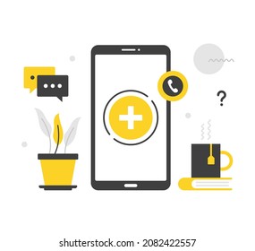 Medical app. Flat vector illustration. Mobile phone and call doctor button on screen. Medical help, online consultation, healthcare services. Modern concepts. Flat design