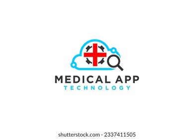 Medical app icon logo design red cross cog gear and magnifying glass element