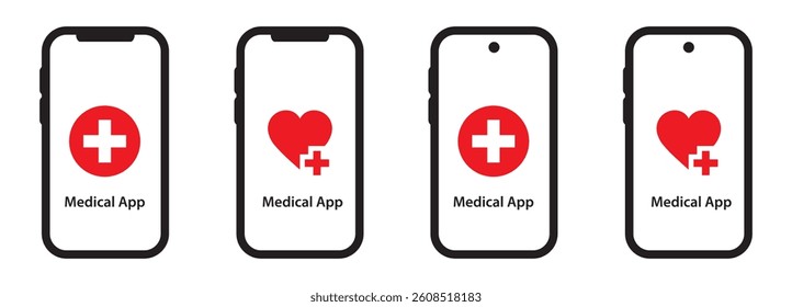 Medical app on phone set icon, vector illustration