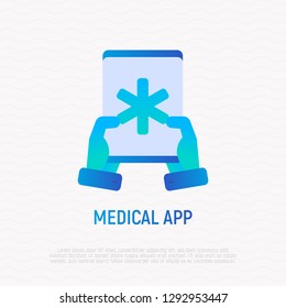 Medical app on tablet in hands. Flat gradient icon. Modern vector illustration.