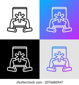 Medical app on tablet in hands thin line icon. Modern vector illustration.