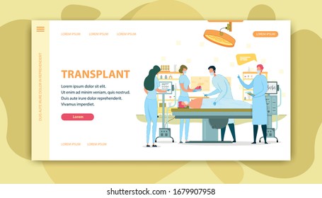 Medical App Page Transplant On Operating Table. In Operating Room Surgeon Prepare Patient Under Anesthesia For Heart Transplantation. Anesthesiologist, Assistant Monitor Pulse, Nurse Hold Organ.