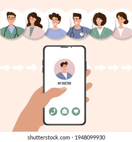 Medical App for telephone. Choice the personal doctor. Disease control. Vector illustration. Poster, print card design. Clinic, hospetal personal. Fight with pandemic.  Media technology, communication