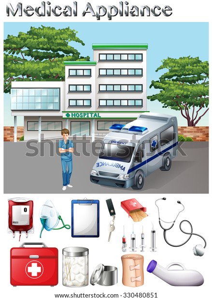 Medical\
appliance and hospital scene\
illustration