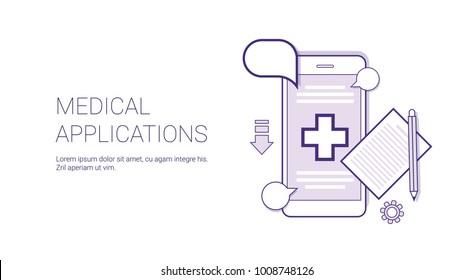 Medical Application Mobile Doctor Consultation Technology Concept Banner With Copy Space Thin Line Vector Illustration