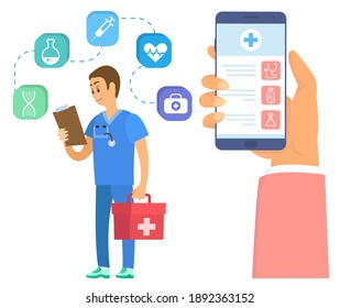Medical application on smartphone screen. Medic holding document and first aid kit. Emergency doctor examines patient information. Paramedic prepares to go on emergency call. Consultation on Internet