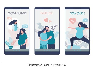 Medical application pages template for pregnant woman. Health care app on smartphone screen. Modern cellphone with humans characters. Help and support. Trendy style vector illustration