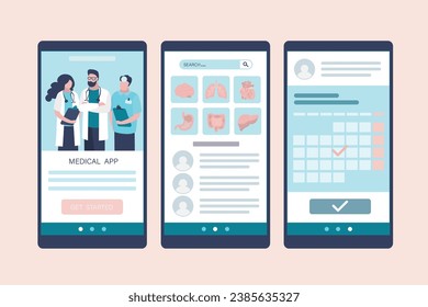 Medical application pages template for сhoosing medical services or specialists. Health care app on smartphone screen. Digital medicine, telemedicine, online support. Remotely doctor consultation.