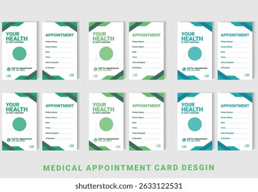 A medical appointment card bundle featuring a variety of layouts and color styles. These editable vector templates are ideal for doctors, clinics, dental offices, and therapy centers.