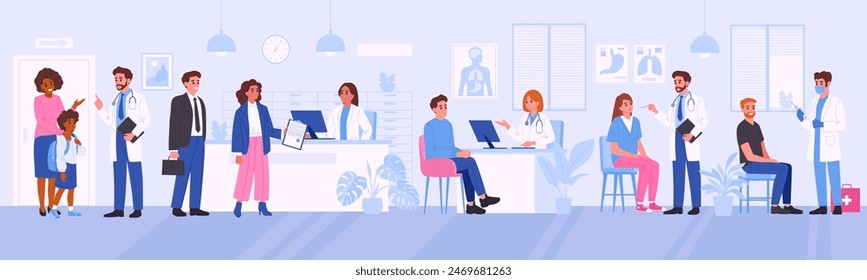 Cita médica. Consulta médica, exámenes e investigación médica, pacientes en clínica médica Ilustración vectorial plana. Concepto de salud y medicina