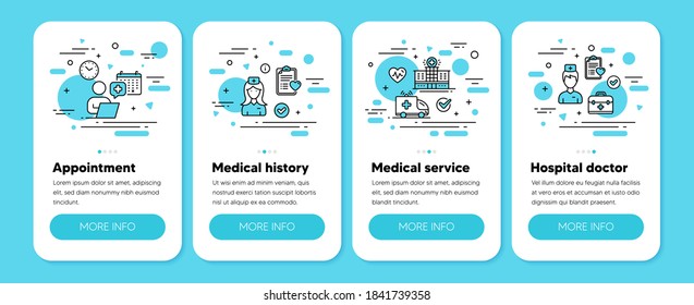Medical appointment, patient history, healthcare service line icons. Clinic nurse, Medical history, Doctor appointment. Healthcare medicine. Mobile phone app 4 steps. Editable stroke. Vector icons