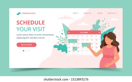 Medical Appointment Pregnancy. Pregnant Woman Scheduling An Appointment With Calendar. Landing Page Template. Cute Vector illustration In Flat Style