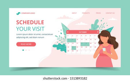 Medical appointment pregnancy. Pregnant woman scheduling an appointment on smartphone. Cute vector illustration in flat style