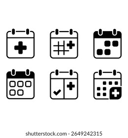 Ícones de agendamento de compromissos médicos calendário preto negrito mais símbolos saúde App UI Design Elements