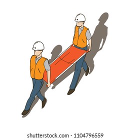 Medical assistance carry a stretcher. Isometric people in vector illustration.