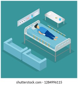 Medical Assistance Clinic High Tech therapy Fast Diagnosis Doctor Drug Medicine Infographic. Patient Bed Doctor Medical Nurse Healthcare 3D Flat Isometric People set Hospital Visit Vector Illustration