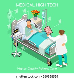 Medical Assistance Clinic High Tech therapy Fast Diagnosis Doctor Drug Medicine Infographic. Patient Bed Doctor Medical Nurse Healthcare 3D Flat Isometric People set Hospital Visit Vector Illustration