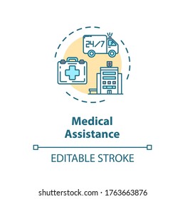 Medical assistance concept icon. Emergency service. Ambulance car. 24 hours doctor support. Hospital thin line illustration. Vector isolated outline RGB color drawing. Editable stroke