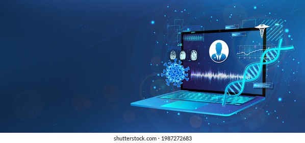 Medical assistance, counseling, online treatment. Concept doctor online. Medical service, with analysis of the patient, MRI images, DNA and laboratories. Treatment via application internet clinic