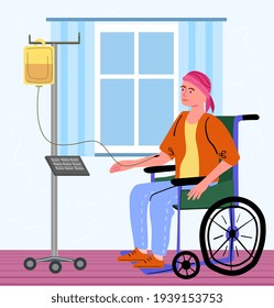 Medical assistance for a disabled man on wheelchair concept with bag dropper stand. Flat cartoon vector illustration with fictional character