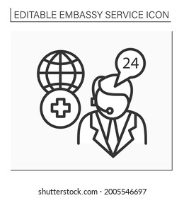 Medical Assistance Line Icon. Consumer Support Day-and-night. Consultation About Serious Illness, Traumas, Citizen Deaths. Embassy Service Concept. Isolated Vector Illustration. Editable Stroke