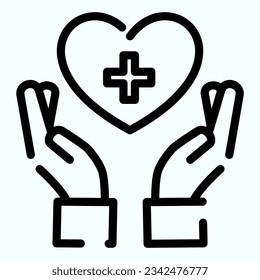Medical assistance line icon. Hands holding heart with medical cross vector illustration isolated on white. Caring hand outline style designed for and app. Eps 10.