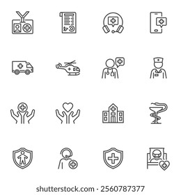 Medical assistance line icons set, outline vector symbol collection, linear style pictogram pack. Signs, logo illustration. Set includes icons as doctor, ambulance car, hospital, nurse, prescription