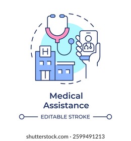 Medical assistance multi color concept icon. Access to healthcare. Travel management service. Round shape line illustration. Abstract idea. Graphic design. Easy to use in promotional material