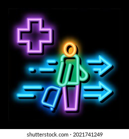 medical assistance to tourist with suitcase neon light sign vector. Glowing bright icon medical assistance to tourist with suitcase sign. transparent symbol illustration