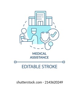 Medical Assistance Turquoise Concept Icon. Healthcare Service. Government Initiative Abstract Idea Thin Line Illustration. Isolated Outline Drawing. Editable Stroke. Arial, Myriad Pro-Bold Fonts Used