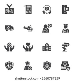 Medical assistance vector icons set, modern solid symbol collection, filled style pictogram pack. Signs, logo illustration. Set includes icons as doctor, ambulance car, hospital, nurse, prescription