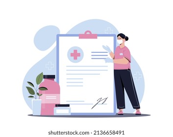 Medical assistant concept. Girl next to documents, insurance and medicines. Masked girl, specialist. Health care and annual treatment, body examination and research. Cartoon flat vector illustration