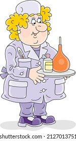 Medical assistant of a doctor with a rubber syringe for procedure, vector cartoon illustration isolated on a white background
