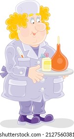 Medical assistant of a doctor with a rubber syringe and a drug for procedure, vector cartoon illustration isolated on a white background