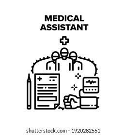 Concepto de iconos vectores de ayuda del asistente médico. Asistente Médico Examinando Y Comprobando La Presión Arterial Del Paciente Con Equipo Médico, Examen Del Equipo Hospitalario Y Consulta Ilustración Negra