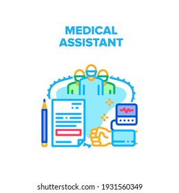 Medical Assistant Help Vector Icon Concept. Medical Assistant Examining And Checking Patient Blood Pressure With Medicine Equipment, Hospital Team Examination And Consultation Color Illustration