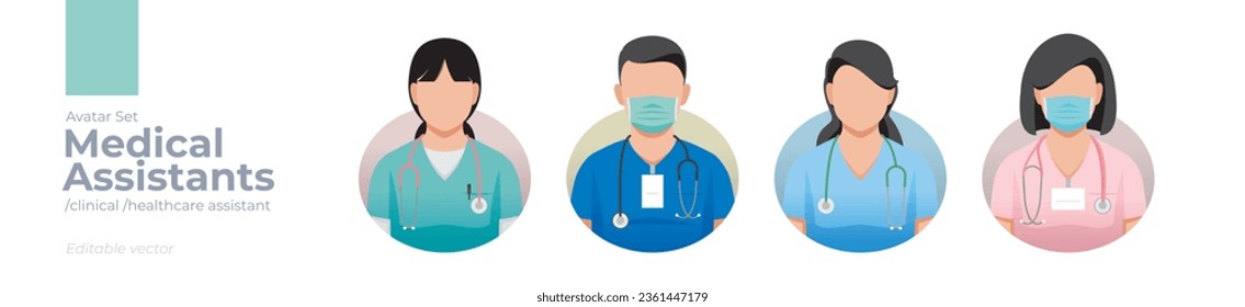 Medical assistant picture avatar icons. Illustration of men and women wearing scrubs outfit