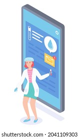 Medical assistant stands and holds flask with liquid. Huge smartphone with online chat between the medical specialist and patient. Big smartphone screen information about analyzes, treatment