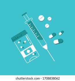 Medical attributes: pills, container, syringe. Health support. Stay home.
