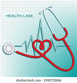 Medical attributes. Stethoscope folded in the shape of a heart, pulse graph - vector. Doctor's day.
