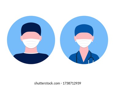 Medical avatars illustration of flat design. People icons collection: doctor and nurse in mask. Covid theme