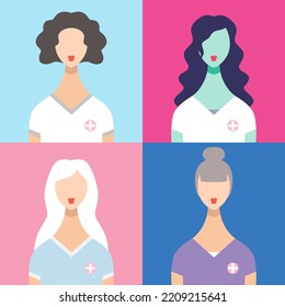 Medical Avatars Set . Medical Clinic Staff Flat Icons. Set Of Female Doctors And Nurces Avatars.  Portraits With Different Skin Tones